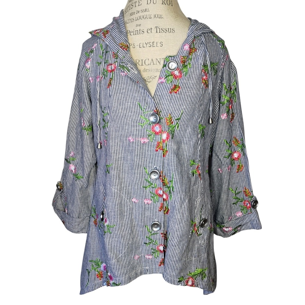 For Cynthia Linen Hooded Jacket Womens Large Striped Floral Embroidery Lagenlook